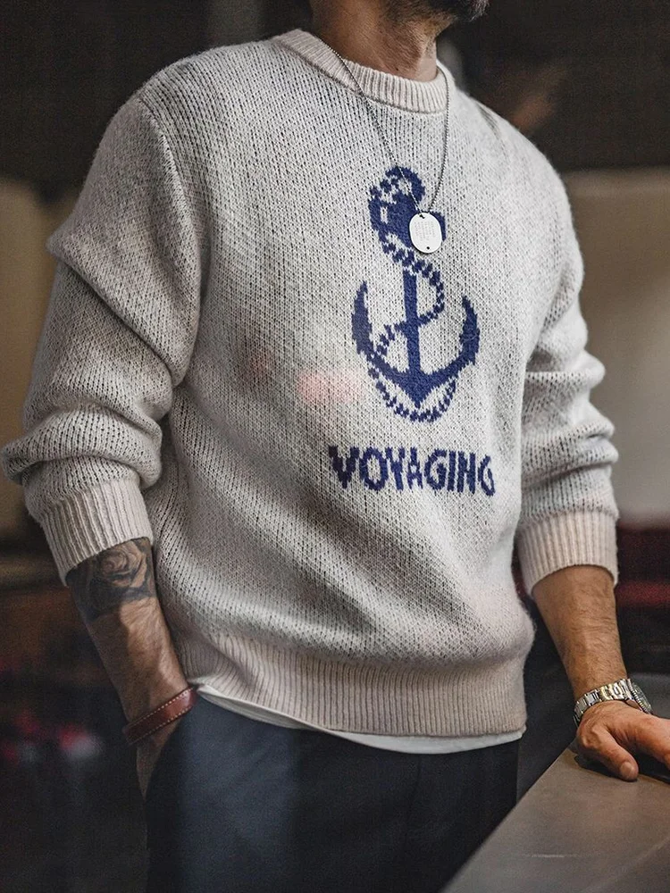 

Madden Workwear American Retro Knitted Anchor Pattern Sweater Vintage Overhead round Ne Men's Autumn Winter Long Sve Bas...