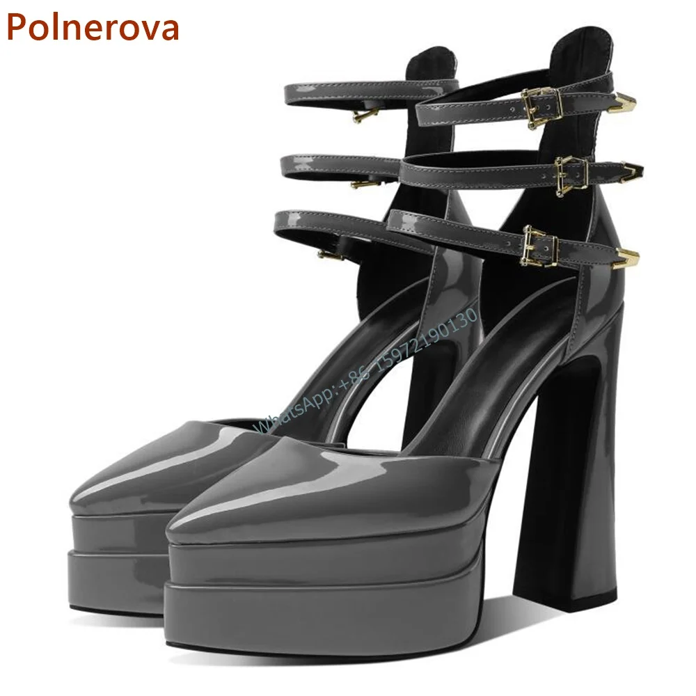 Platform Solid Patent Leather Sandals Pointy Toe Chunky Heel Buckle Strap Ankle Band Shoes Ladies Sexy Summer Party Shoes