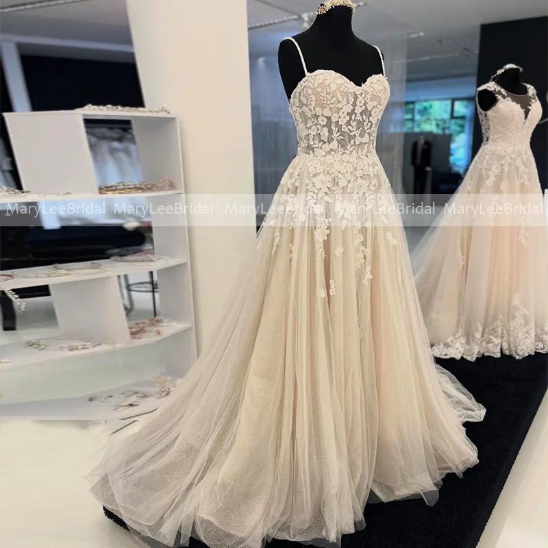 Spaghetti Straps Champagne Bridal Gown Illusion Lace Bodice A-line Glitter Tulle Wedding Dress Customized vestido de novia boda