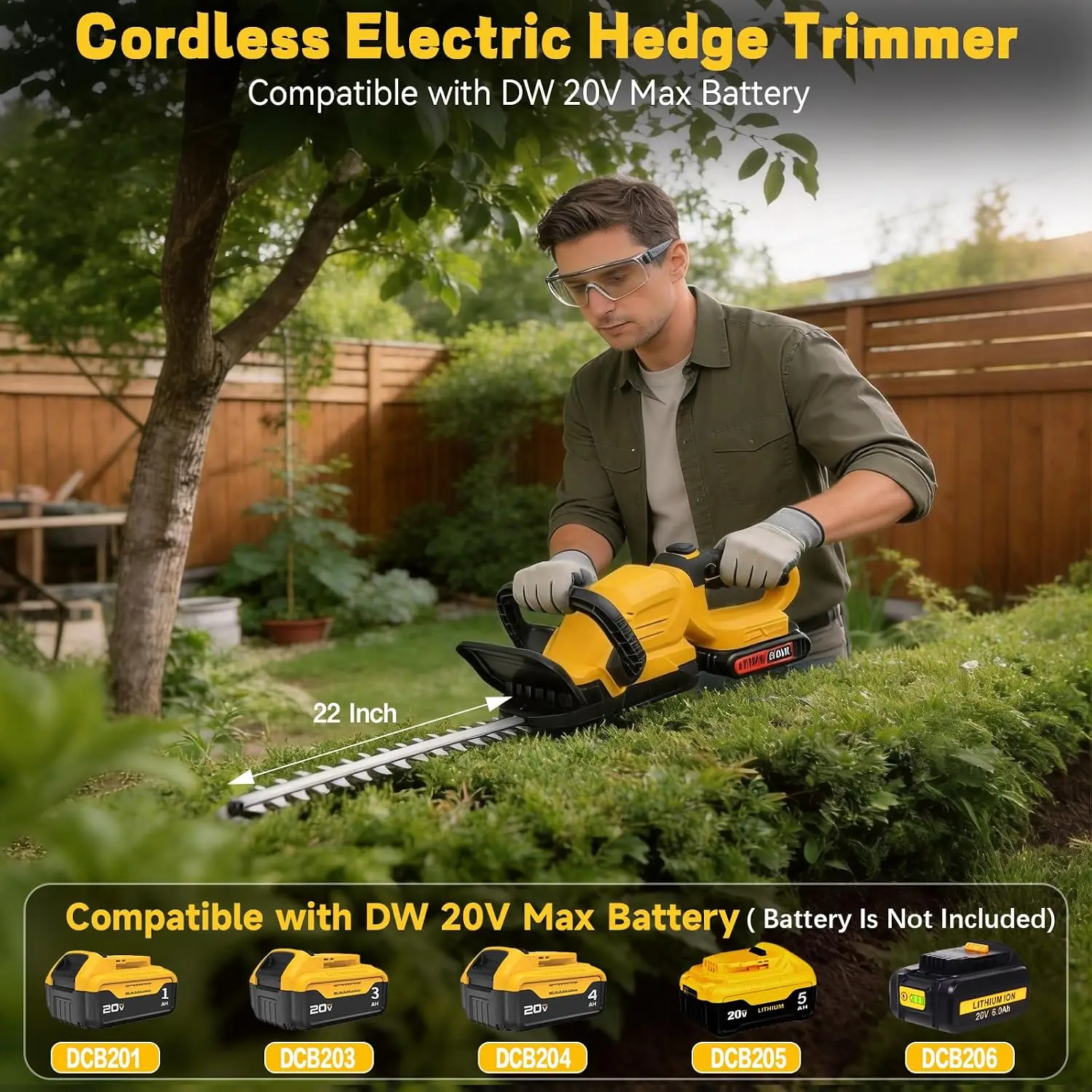 Cordless Hedge Trimmer 22-Inch Compatible with DEWALT 20V MAX Battery, 3000RPM Brushless Motor Electric Hedge Trimmer
