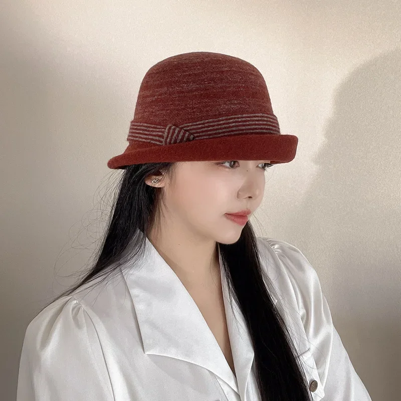 Autumn Winter Japanese Curled Knitted 100 Percent Wool Yarn Contrast Striped Women Retro Casual Warm Bowl Hat Fisherman