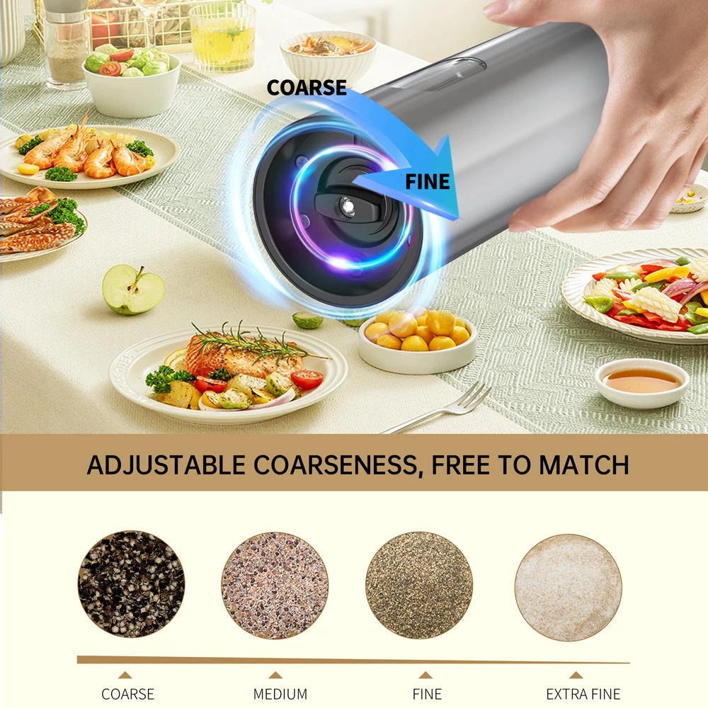 2pcs Stainless Steel Electric Salt and Pepper Grinder 110ml Capacity USB Rechargeable Spice Pepper Mills With Charging Base