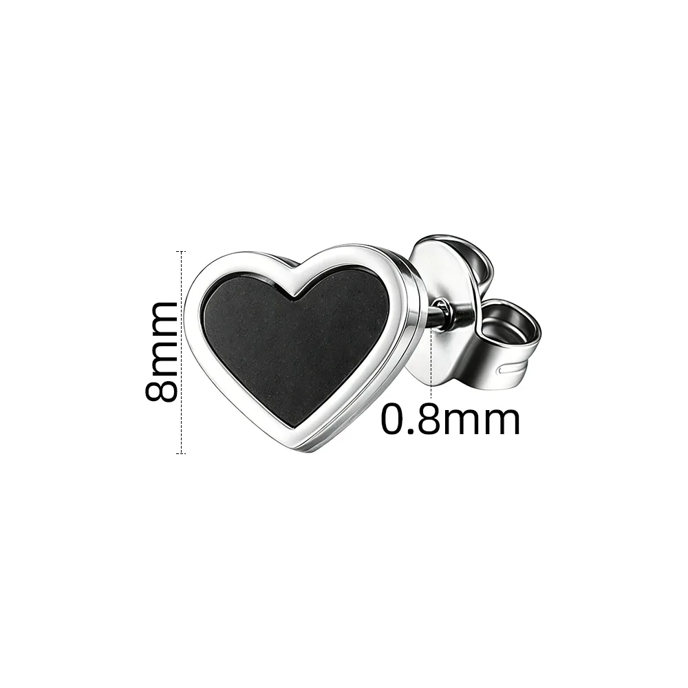 Edelstahl-Ohrstecker, schwarz, Push-Back-Verschluss, Herzform, Vakuumbeschichtung, kein leichtes Verblassen, antiallergisch, Größe von 2 mm bis 8 mm. – Detail 3