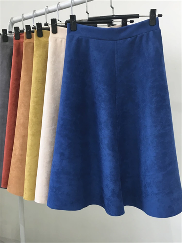 REALEFT New 2022 Autumn Winter Women Suede Midi Skirts High Waist Multi Color Elegant A-Line Skirts Umbrella Ladies Skirt Female