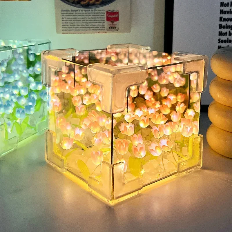 DIY Handmade Tulip Mirror Cube Lamp Simulation Flower Bedroom Sleeping Table Lamp Craft Tulips Mirror Night Light Birthday Gift