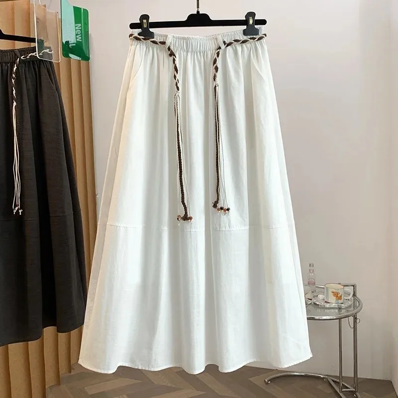Spring Autumn Cotton Linen Patchwork Pocket Women Elastic Waist Weaving Drawstring Maxi Skirt Loose Hips A-Line  Skirt