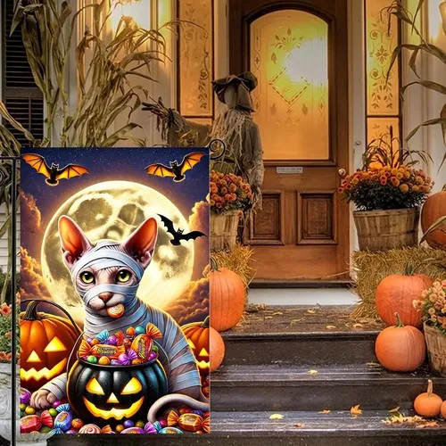Happy Halloween Garden Flag Sphynx Cat Mummy Flag Candy Jack O, 12x18 Inch XXQ