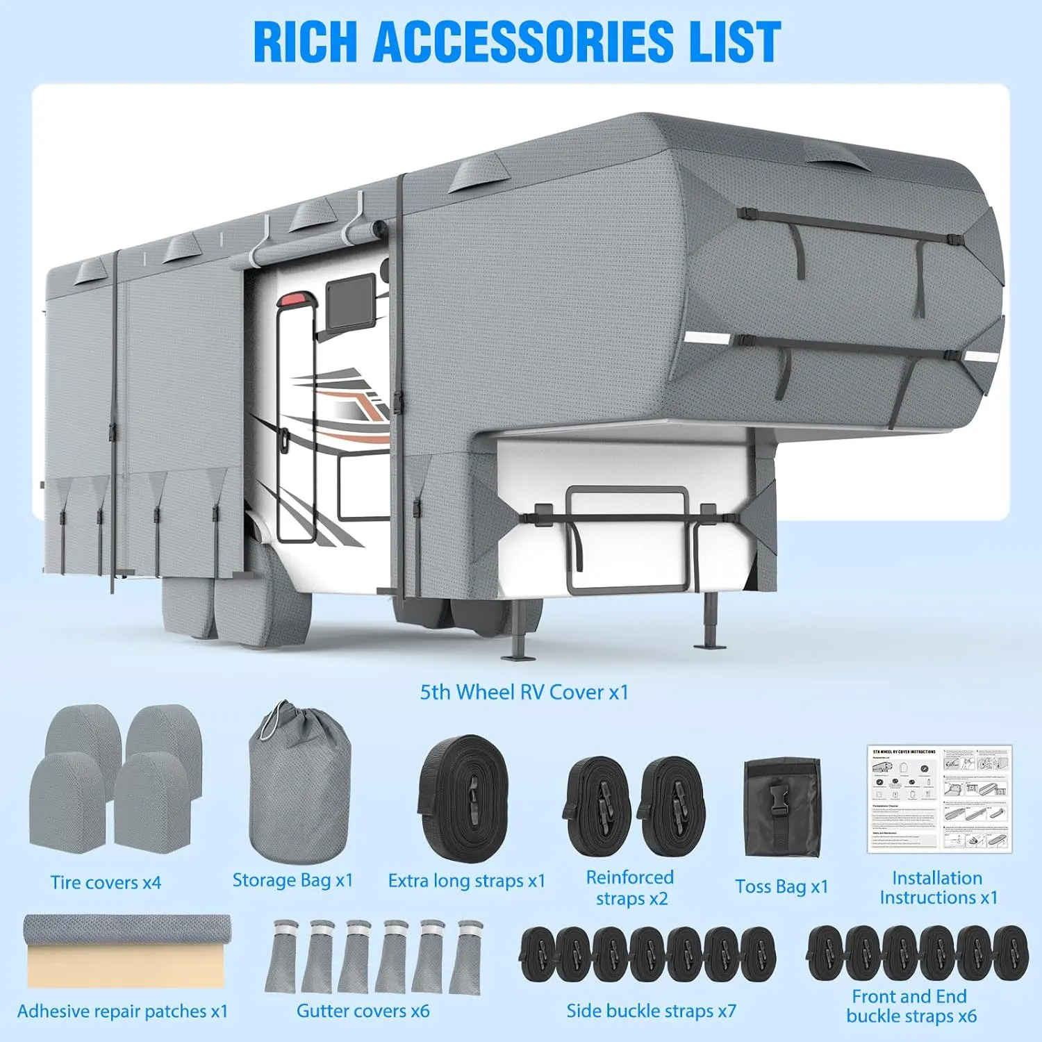 Waterproof Windproof Anti-UV Rip-Stop Fifth Wheel Cover 41-45ft 7 Layers Top Extra-Thick Wheel RV Cover