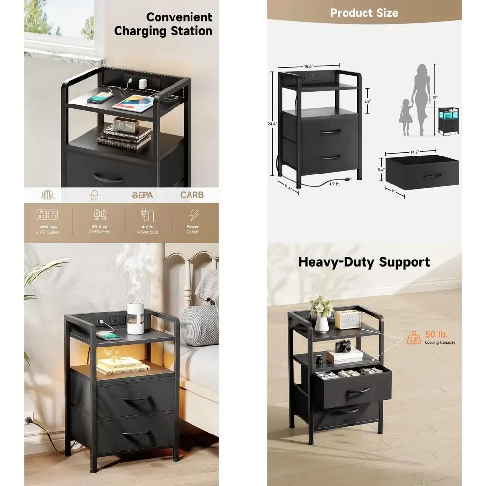 

Bedroom Nightstand with Charging Dock, LED Light, Storage Shelf, and Fabric Drawers