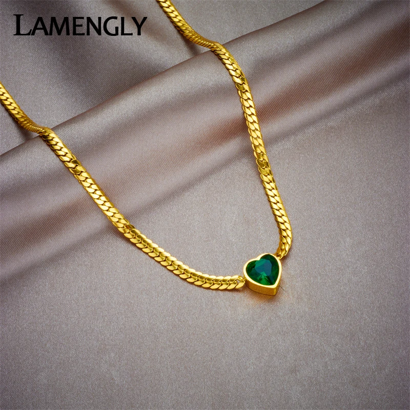 LAMENGLY 316L Stainless Steel Green White Heart Crystal Pendant Necklace For Women Girl Fashion Choker Chain Jewelry Gift Party