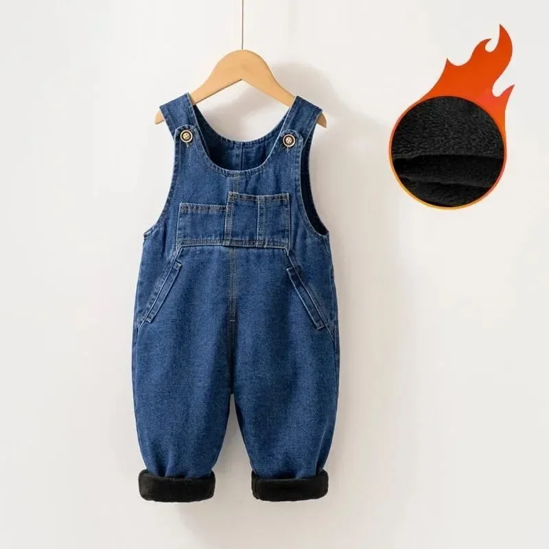 

2025 Winter New Kids 0-4 Years Baby Childrens Thicken Denim Overalls Pants Kid Fleece Padded Jeans Girls Warm Trousers
