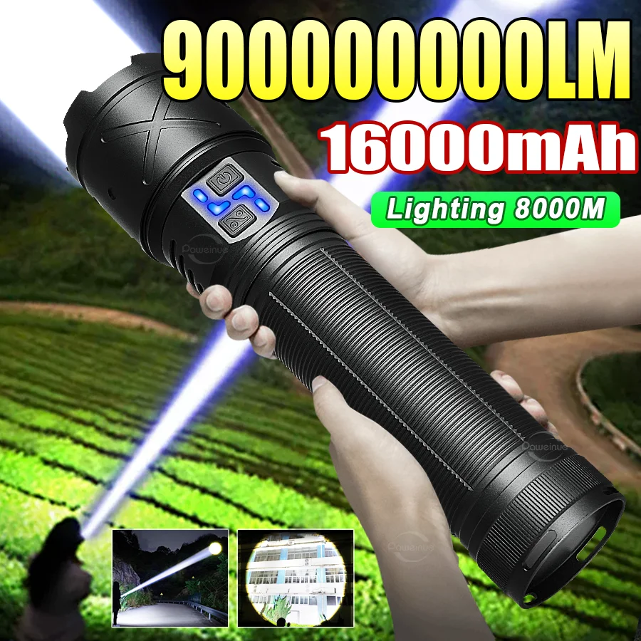 99000000LM Super Big Flashlight USB Rechargeable 8KM Ultra Bright LED FlashLight Work Lamp Zoom Outdoor Camping Lantern 16000mAh