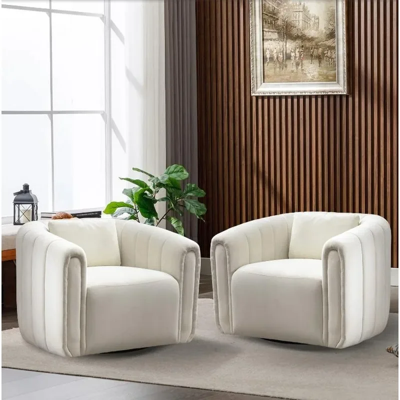 Ebello Swivel Feature Chair with Plump Pillow, Modern Channel Dutch Velvet Upholstery Chair, Comfortable Round Armchair