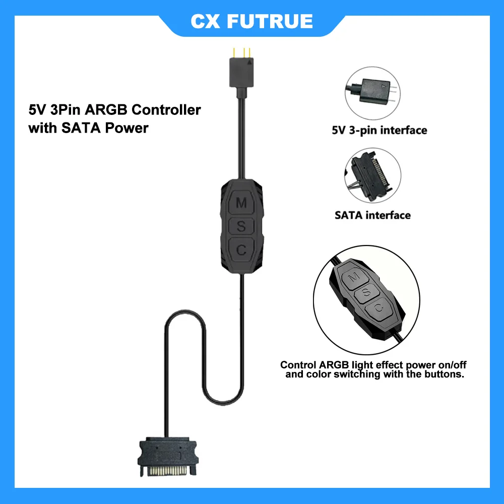 Controlador ARGB CX FUTURE 5V 3 Pines con Alimentación SATA, Mini Hub de Control RGB para Ventilador de Chasis de PC, Tira de Luz LED, Iluminación de Disipador de Calor