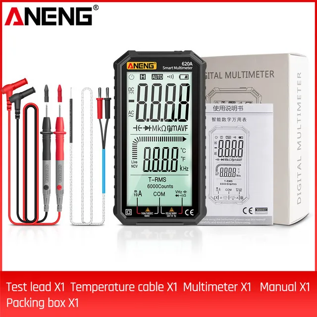 

Цифровой мультиметр ANENG 620A True RMS с автоматическим определением напряжения, измерением транзисторов, емкости, сопротивления, температуры и NCV