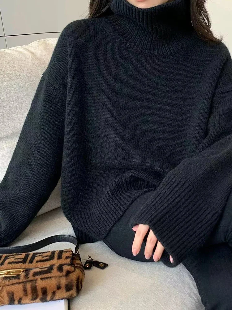 Maillard 100% pure wool sweater for women, loose and thick, lazy style base, knitted silhouette, high neck sweater