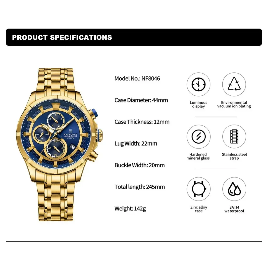 NAVIFORCE New 2024 Men Quartz Wristwatch Stainless Steel Strap Sport Luxury Waterproof Luminous Male Chronograph Watches