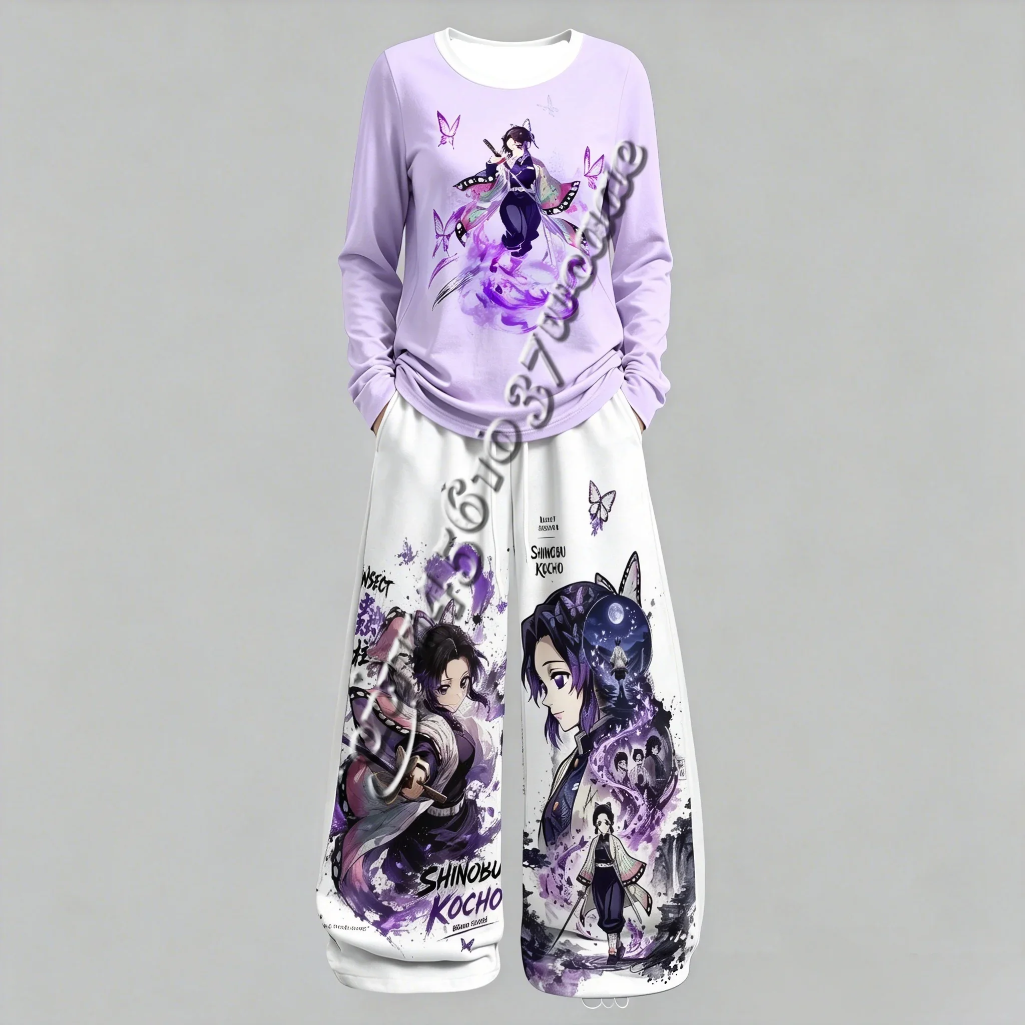 NewUnisex Spring Autumn American Streetwear Demon Slayer Anime Print Long Sleeve T-Shirt and Wide Leg Pants Suit  FamilyMatching