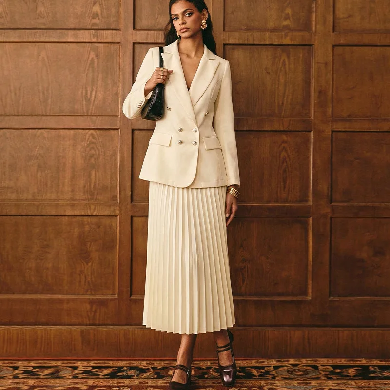Women 2 Piece Set Outfit Double Breasted Blazer Pleated Long Skirt Elegant Evening Work Casual Y2k Streetwear 2026 Autumn Winter