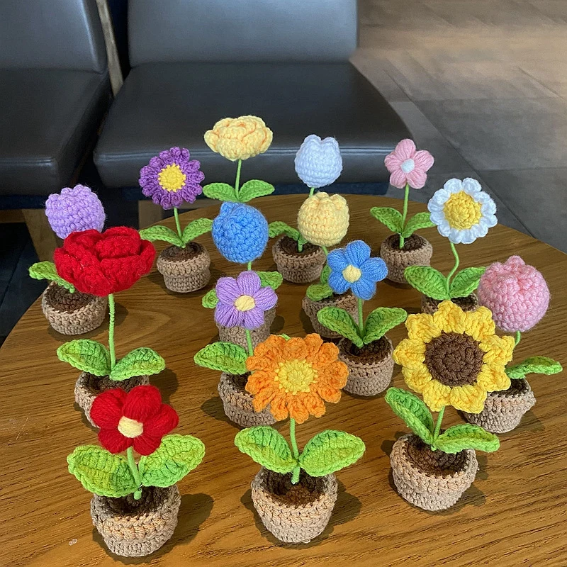 Crochet Flowers Artificial Tulip Potted Finished Hand Woven Plants Knitted Sunflower Wedding Gift for Guests Home Decoration