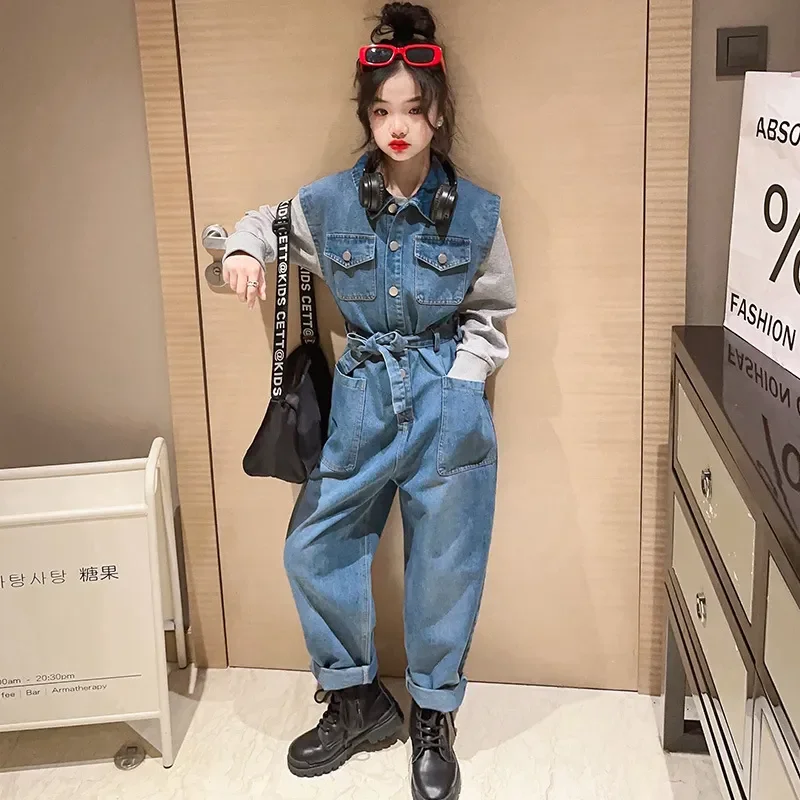 Girls Jumpsuit Autumn Fashion Denim Vest Overalls for Kids Sleeveless Playsuits Blue Casual Teen Children Streetwear Bodysuits