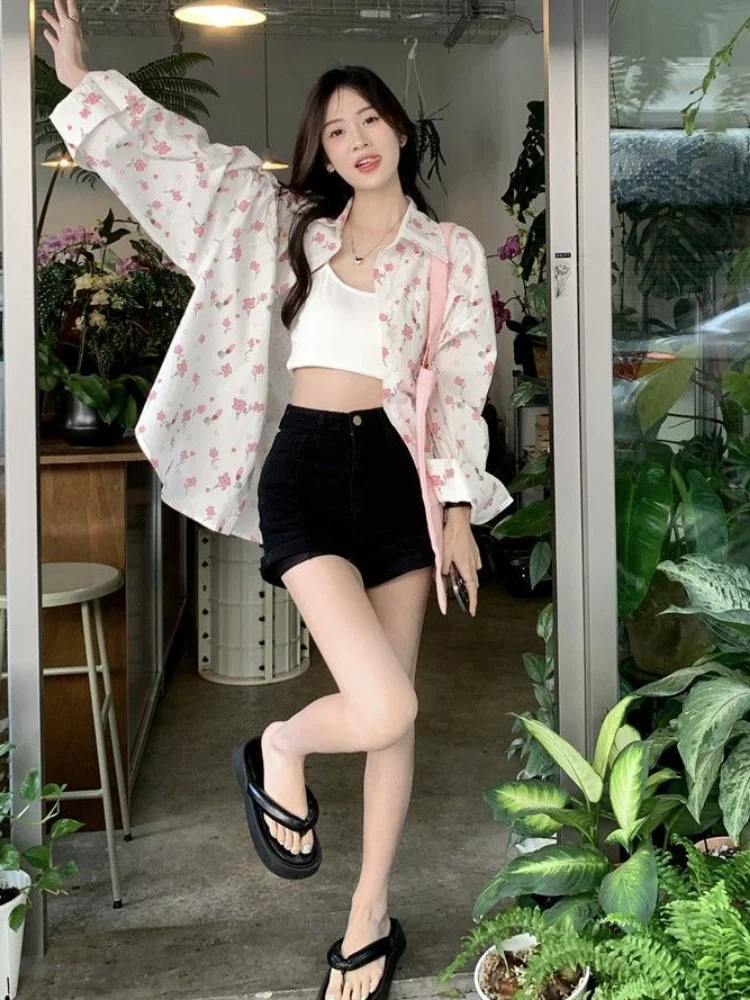 Floral Shirts Women Summer Sun-proof Sweet Casual College Korean Style Simple All-match Chic Thin Fashion Ulzzang Personality