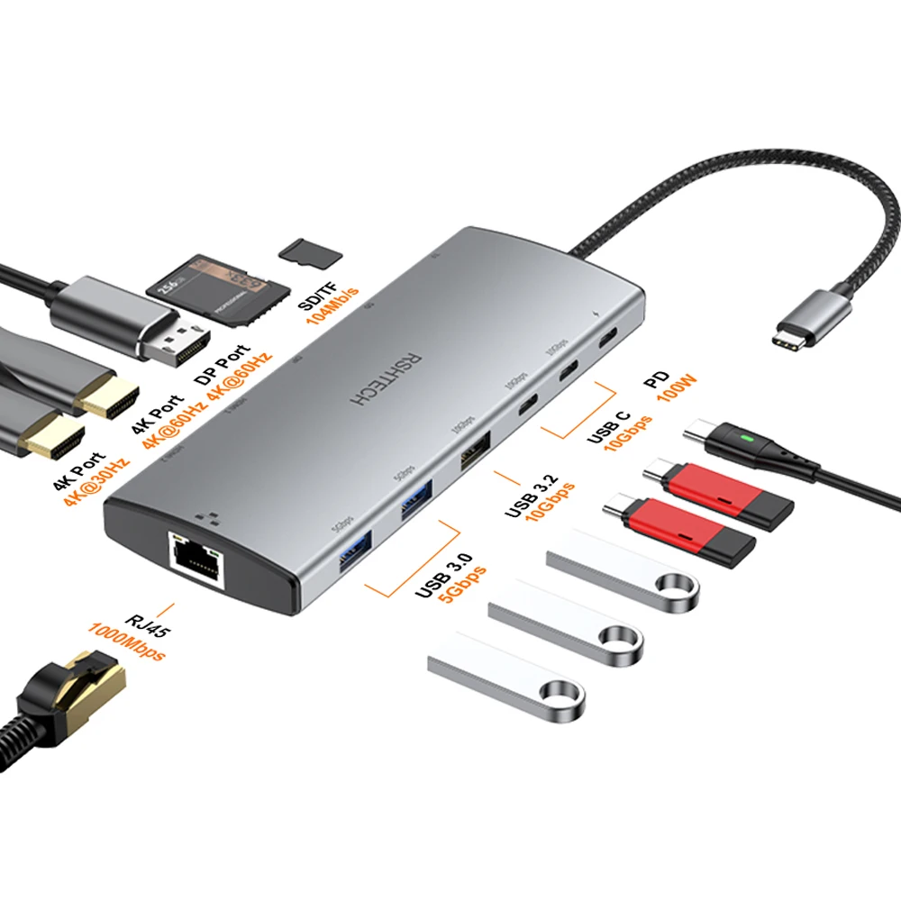 

RSHTECH USB C Hub Docking Station 3 USB 3.2 10Gbps 12 in 1 Display Multiport Adapter with 2 HDMI-Compatible 100W PD for Laptops