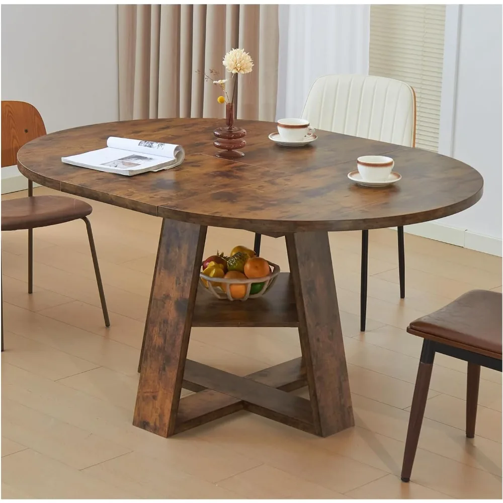 Extendable Dining Table for 4-8, Mid Century Modern Round & Oval Table with Hidden Leaves Space-Saving, Cross Base