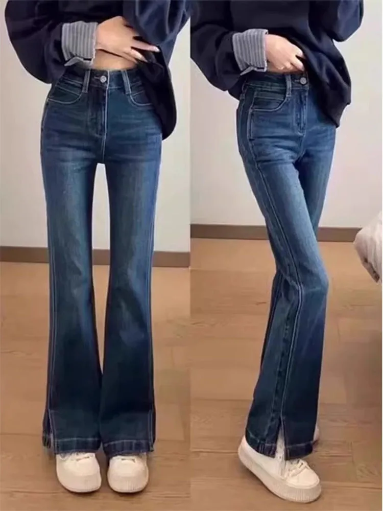 

Прямые джинсы с высокой талией в американском стиле ретро, большие размеры, женские осенние широкие брюки-копыта с грушевым узором