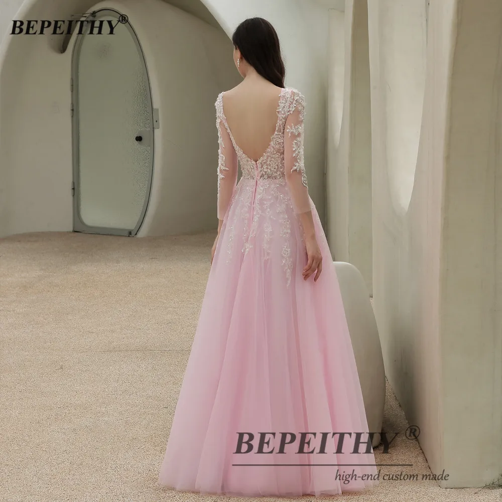 BEPEITHY Customized Pink Evening Dress For Women White Lace Floor Length Party Gown Three-quarter Sleeves Prom Dresses 2023 New