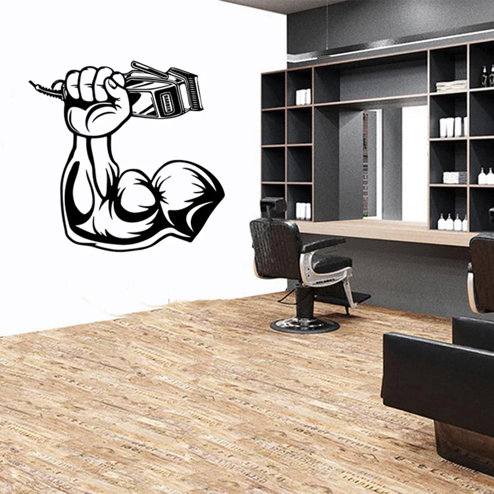 Modern Barber Muscle Haircut Salon Wall Sticker Man Cave Muscle Bicep Strong Hand Fist Hold Clippers Hair Cut Grooming Decal