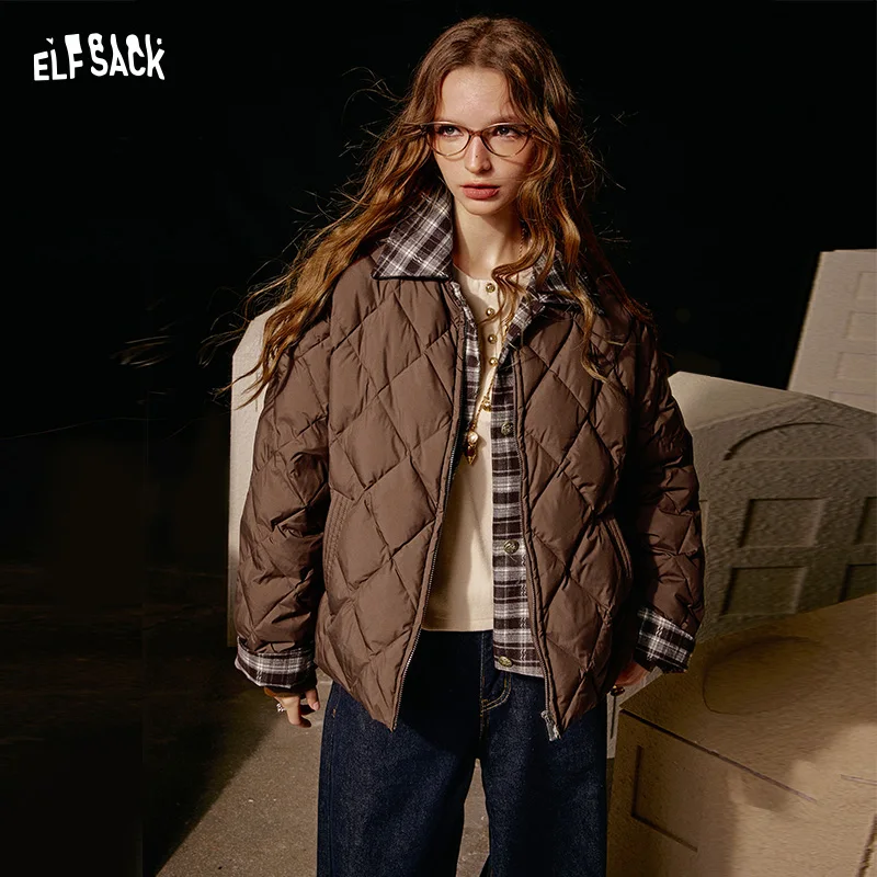 ELFSACK 2025 Winter New Arrivals Casual Cute Plaid Lapel Short Down Jacket For Woman