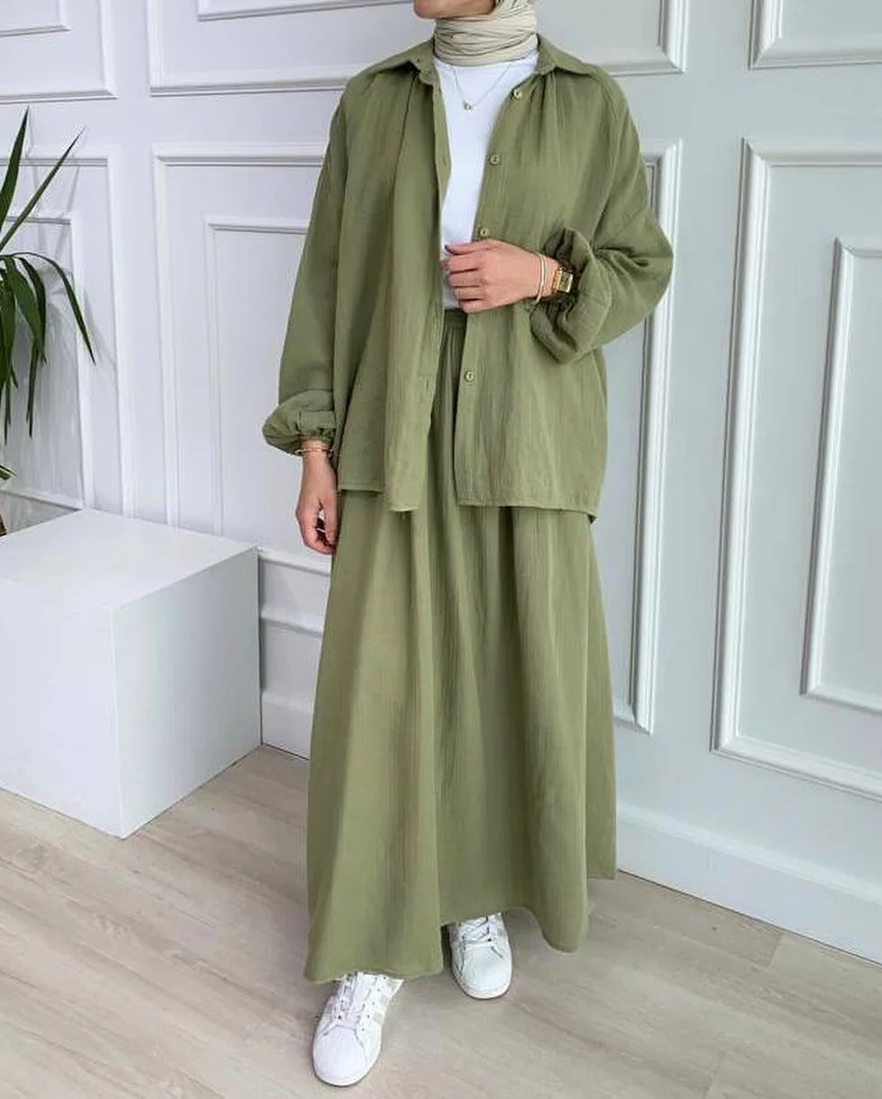 2 Piece Shirt Skirts Eid Muslim Women Sets Ramadan Abaya Dubai Turkey Islamic Casual Single Breasted Tops Solid Skirt Suits