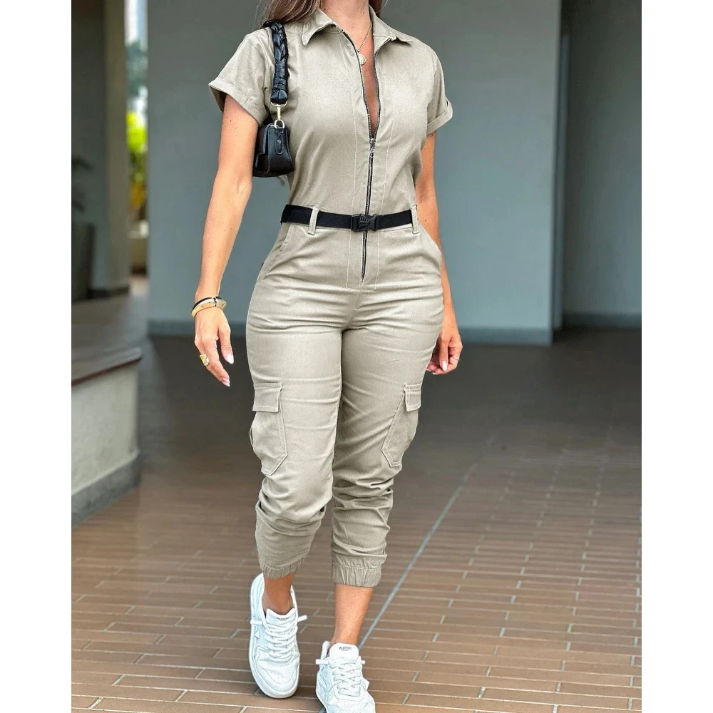 

Women Turn-down Collar Short Sleeve Zipper Front Cuffed Short Jumpsuit Casual Pocket Design Cargo Romper with Belt