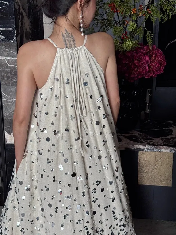 Top Quality Summer Women Sequin Gradient Halter Tie Dresses Sweet Off-Shoulder Sleeveless Loose Big Dress Hem Floor Length Dress