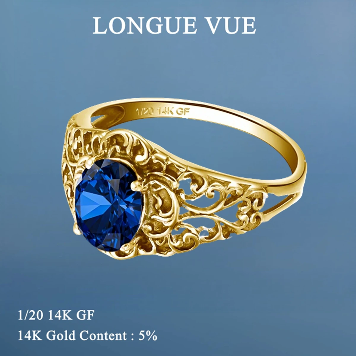 14K Gold Filled Blue Corundum Ring for Women Hollowed-out Pattern Finger Jewelry Non Fading Genuine AU585 k Gold