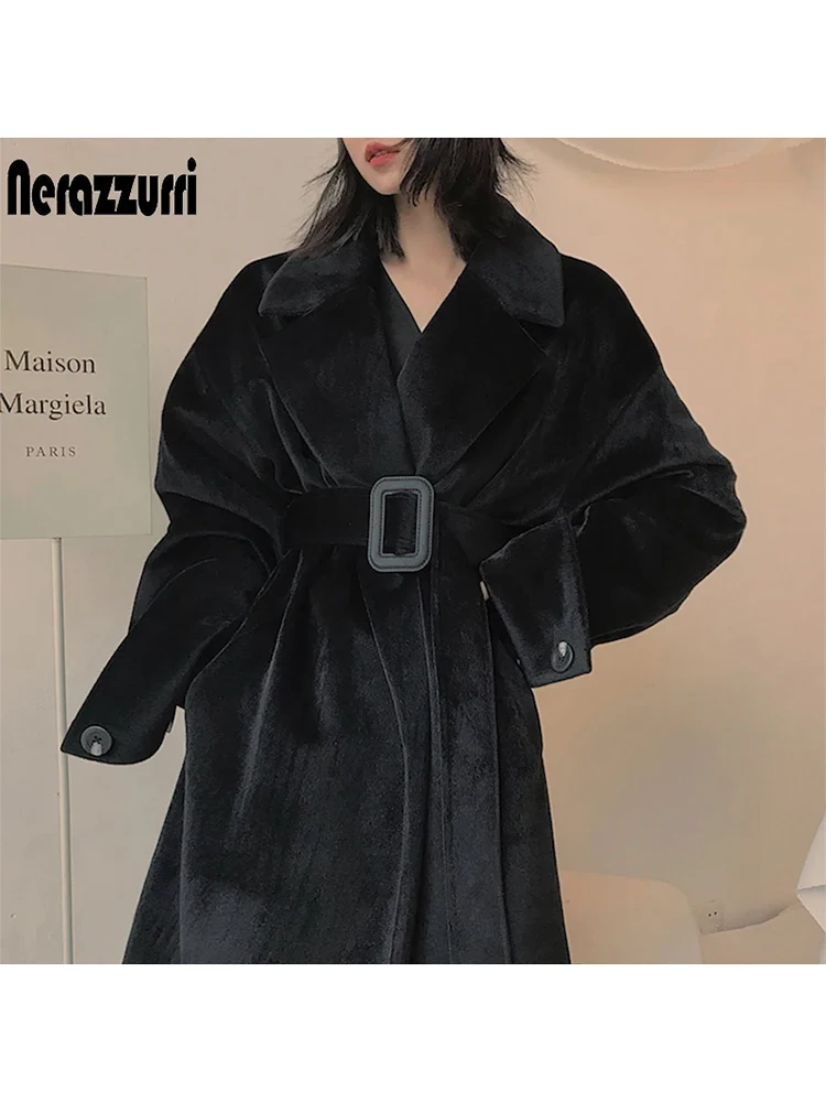 

Nerazzurri Autumn Winter Oversized Long Black Soft Warm Fluffy Faux Mink Fur Coat Women Belt Loose Runway European Fashion 2023