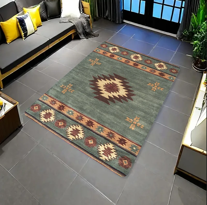 Vintage Green Southwestern Area Rug Tribal Aztec Geometric Print NonSlip Floor Mat for Living Room Bedroom Boho Decor