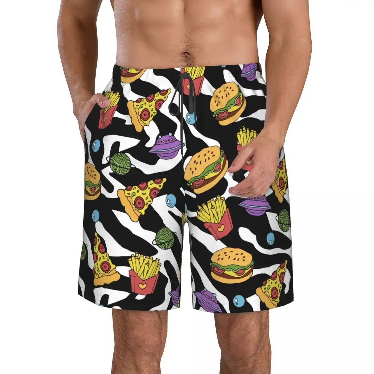 Beach Swimsuit Men's Quick-drying Swimwear Pizza Hamburger French Fries on 80s 90s Zebra Swimwear Beach Shorts Male Swimsuit