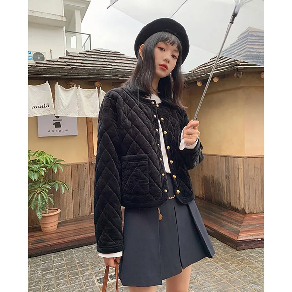 Temperament Ladies Quilted Jackets Women O-neck Long Sleeve Single Breasted Velvet Coat Chic Loose Cotton Padded Tops Female