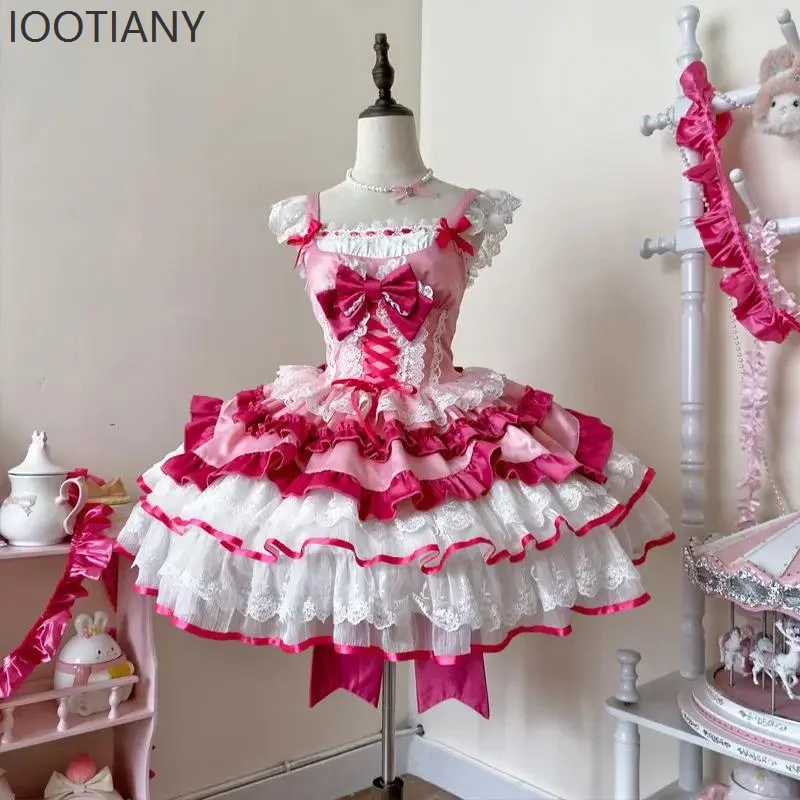 

IOOTIANY Japanese Sweet Lolita Jsk Mini Dress Women Cute Lace Ruffle Bow Bandage Slim Princess Dress Girls Y2k Tea Party Dress