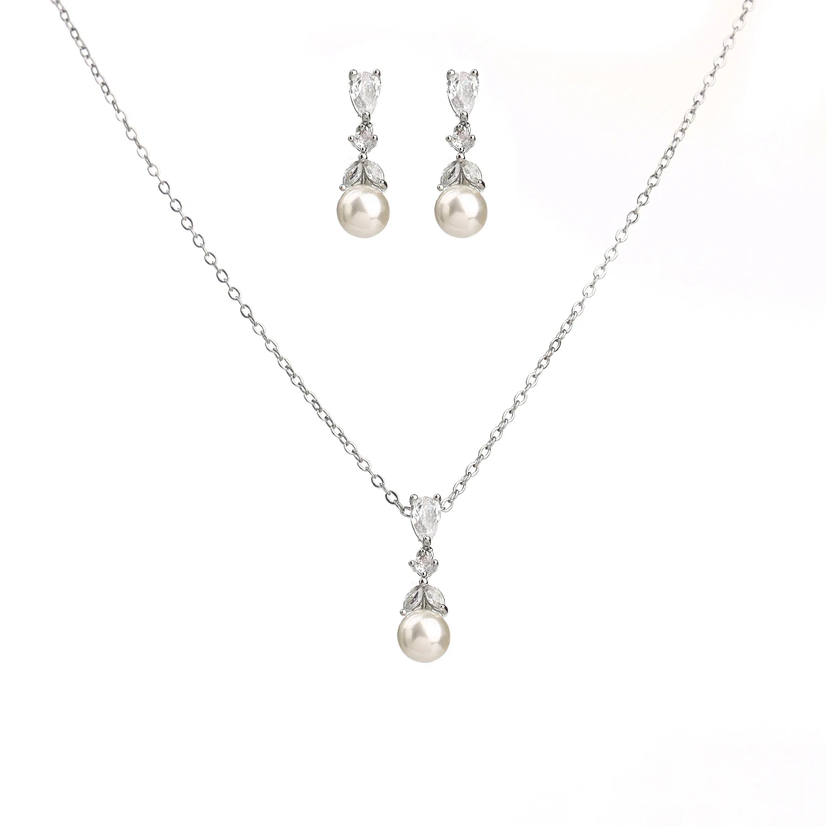 Pearl cube zirconia necklace earrings set, prom costume jewelry gifts