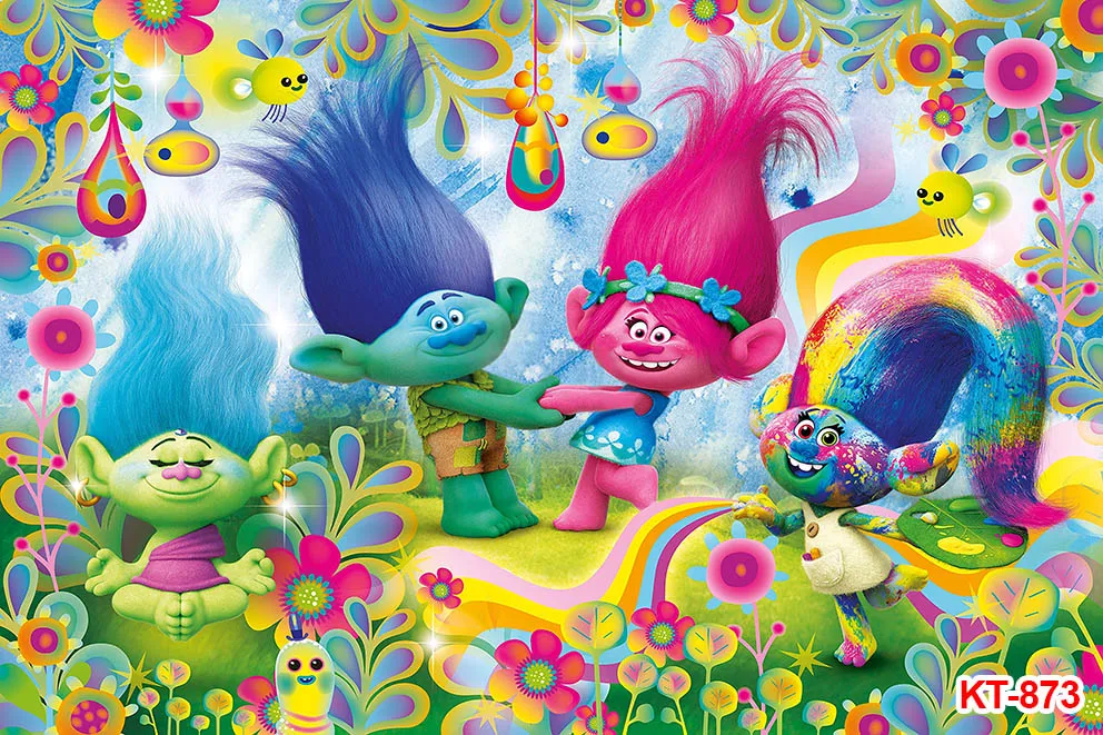 Trolls Theme Photography Backdrop Happy Birthday Party Decoration for Kids Boy Girl Photo Studio Props Vinyl Background