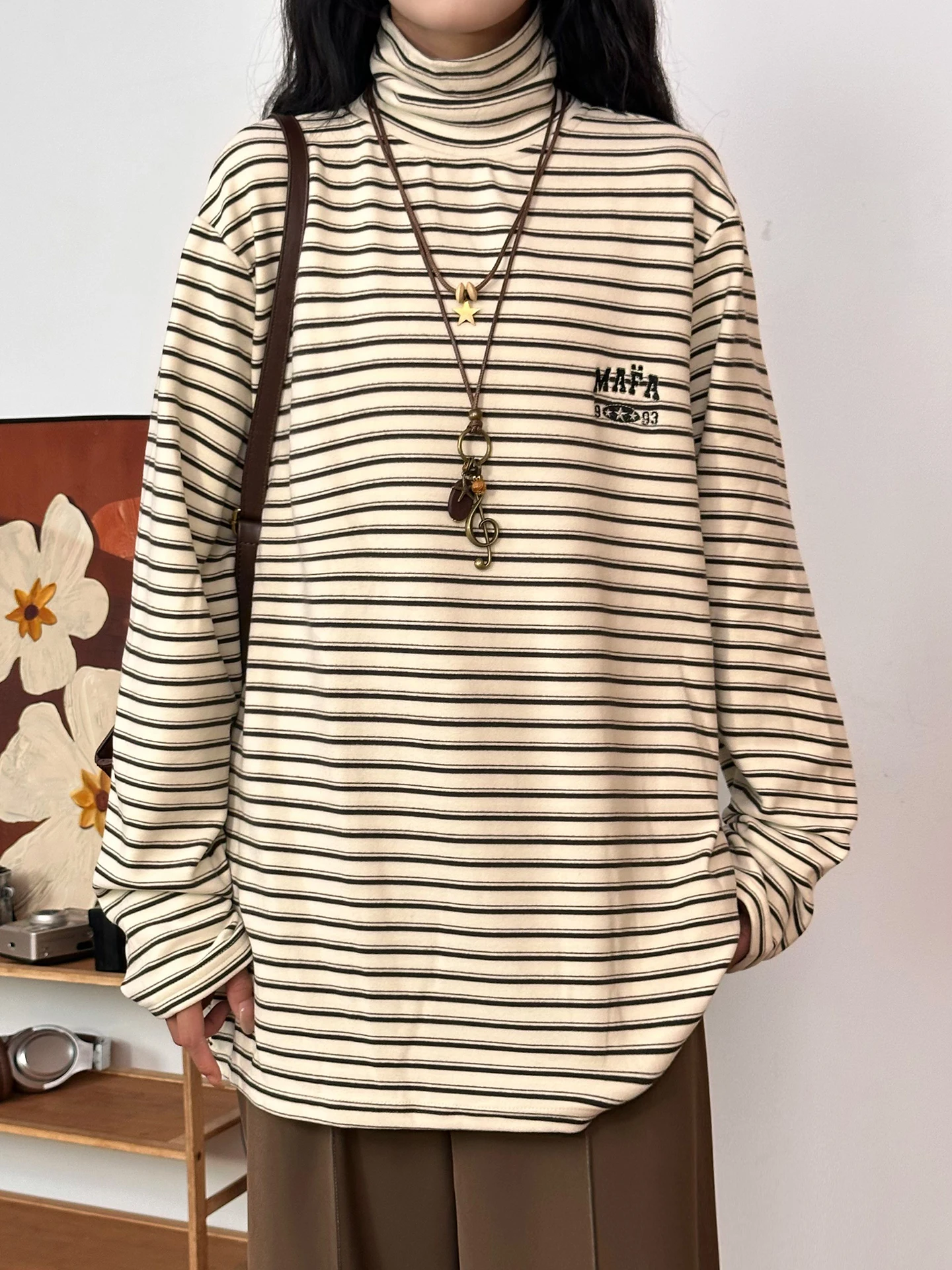 

Retro Embroidered High Collar Striped Long Sve T-irt ex Loose Base irt Casual Sle Polyester Blend Summer Top