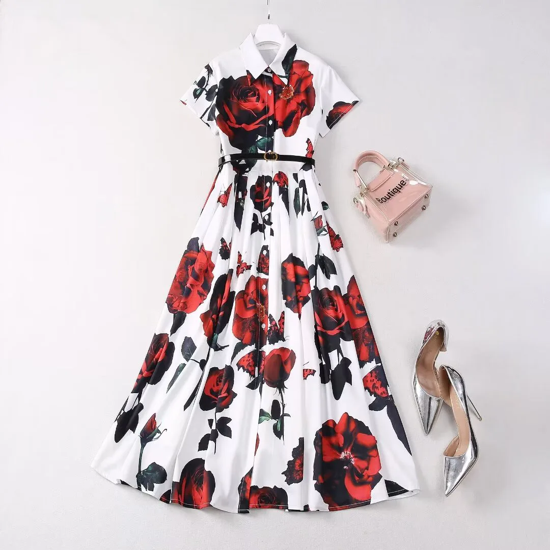 

Europe and the United States women's 2024 summer new Short-sleeved lapel red rose print Fashion belt pleated dress
