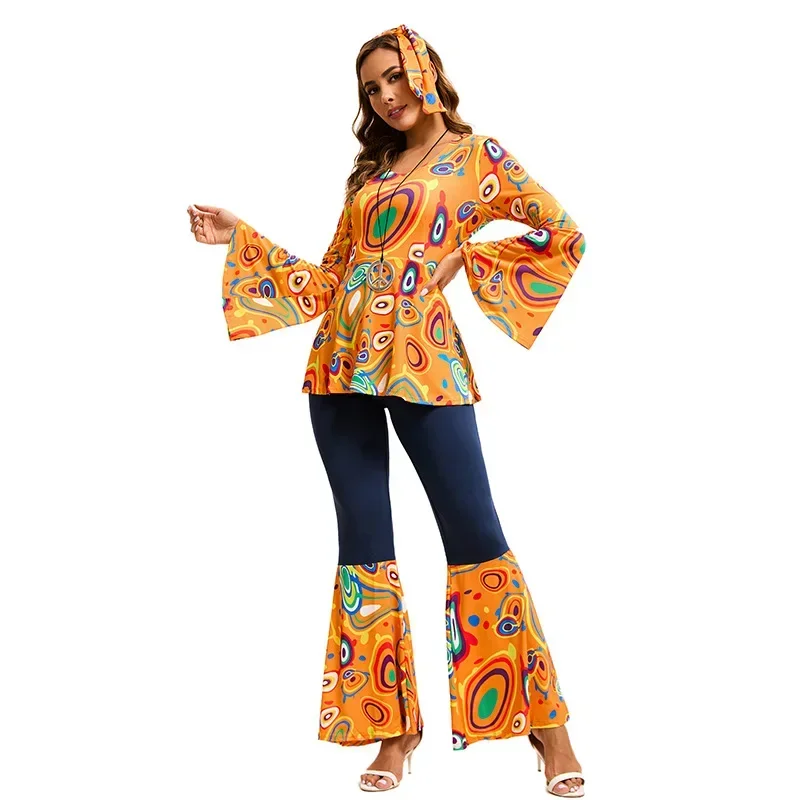 Retro Women's 70's Disco Dress 70's Disco Costume For Women 3pcs 80s Hippie Cosplay Printed Retro Women's 70's Disco Dress 70's Disco Costume For Women 3pcs 80s Hippie Cosplay Printed