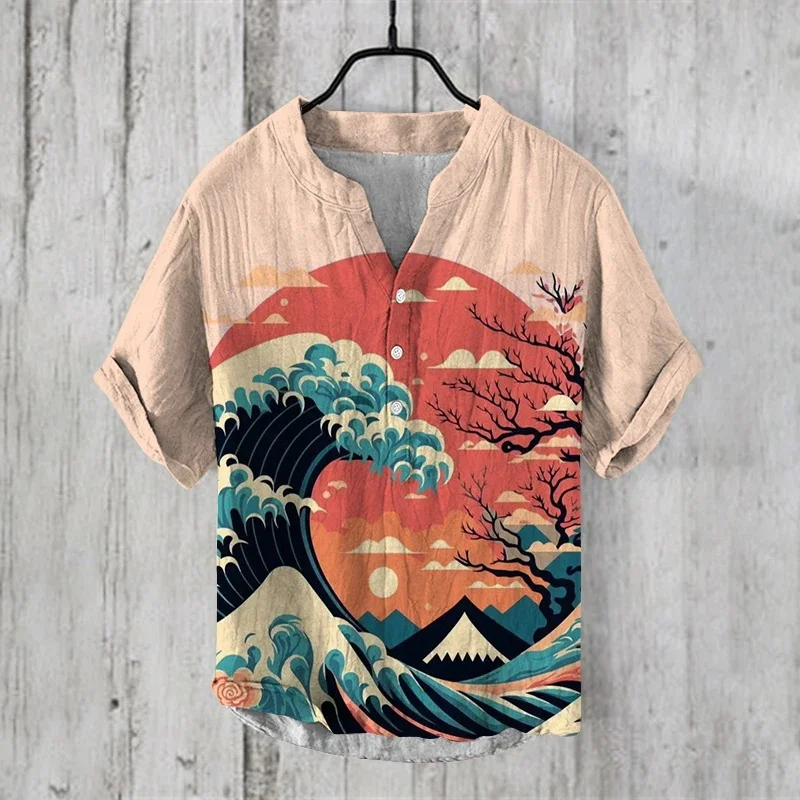 

Spring and Summer Shirt Independent Station Casual Sunset Wave Pattern Hawaiian Style 3D Printed Shirt Men's Tops