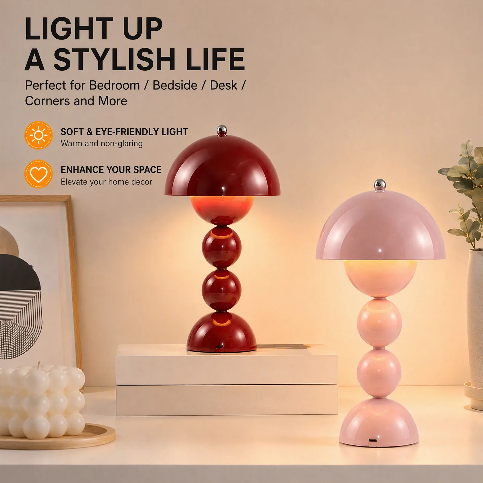Vintage Mushroom Bud Table Lamp USB Powered LED 3 Modes Warm Neutral White Bedroom Desk Night Light Decor