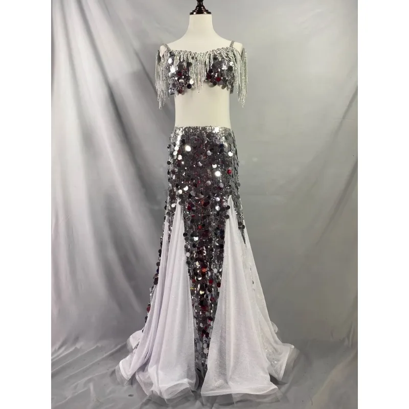 맞춤형 밸리 댄스 의상 화이트 다이아몬드 드레스 공연 의상 오리엔탈 댄스 키즈 성인 술 스팽글 브래지어와 롱 스커트