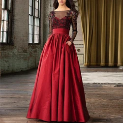 Vintage Red Silk Taffeta Long Women Skirt with Pockets faldas ropa de mujer Pleated Satin Floor Length Prom Party Skirts Custom